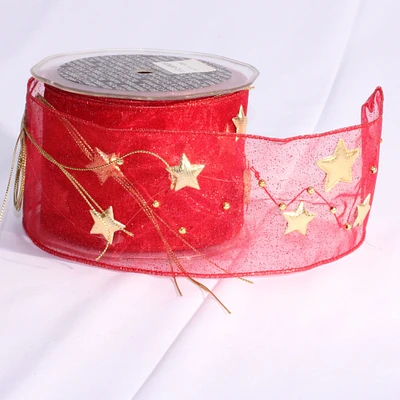 The Ribbon People Sheer Shimmering Red and Gold Galaxies Wired Craft Ribbon 2.75" x 11 Yards