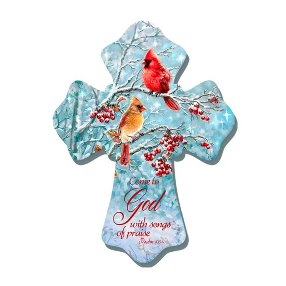 Glow Decor 8" Blue and Red Winter Cardinal Birds Biblical Quoted Wall Cross