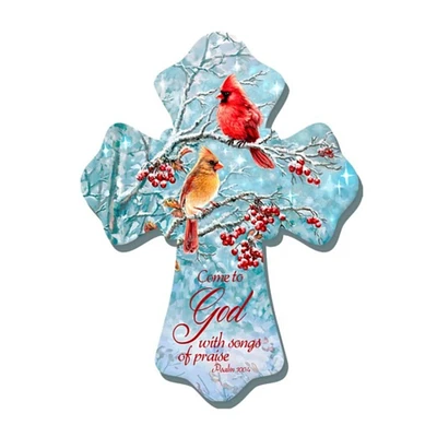 Glow Decor 8" Blue and Red Winter Cardinal Birds Biblical Quoted Wall Cross