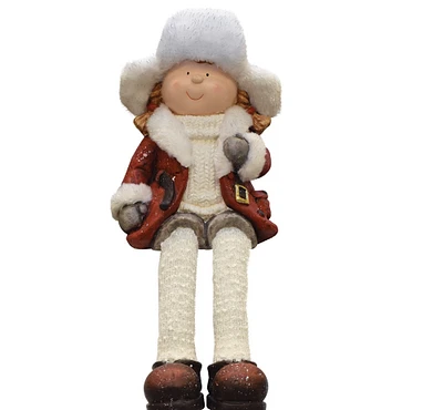 Northlight 19" White and Red Sitting Young Girl in Trapper Hat Christmas Figurine
