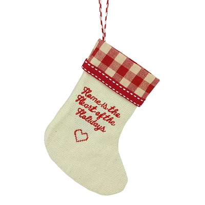 Roman 6.5" Tan and Red Embroidered Heart Stocking with Gingham Cuff Christmas Ornament