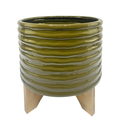 Kingston Living 8" Olive Green and Brown Textured Ceramic Planter with Stand
