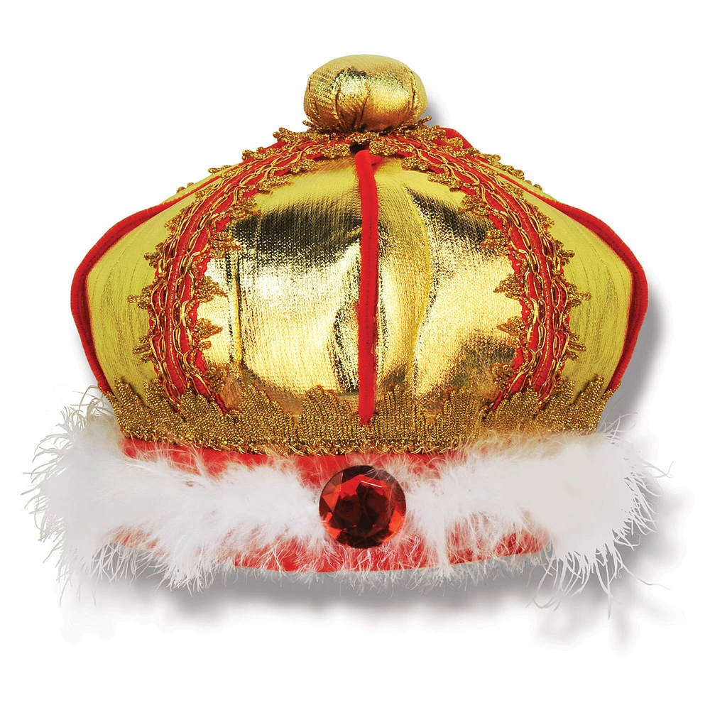 Beistle Set of 6 Gold, Red and White Fabric Costume King's Crown with Feathers 7"