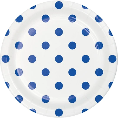 Party Central Club Pack of 96 White and Blue Polka Dot Round Dessert Plates 6.75"