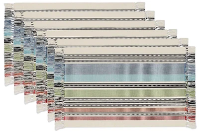 Contemporary Home Living Set of 6 Blue and Red Mediterranean Stripe Fringed Rectangular Placemats 19"