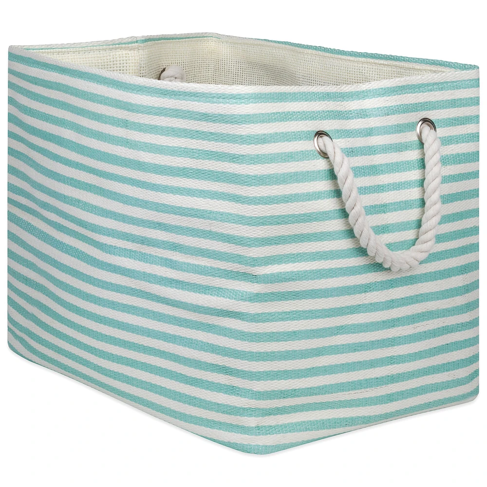 Contemporary Home Living 15" Aqua Green and White Pinstripe Rectangular Medium Bin with Rope Handle