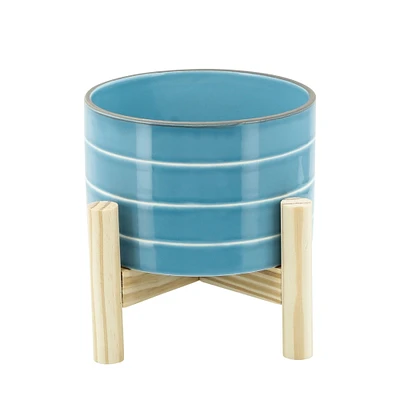 Kingston Living 6" Sky Blue Ceramic Striped Planter with Stand