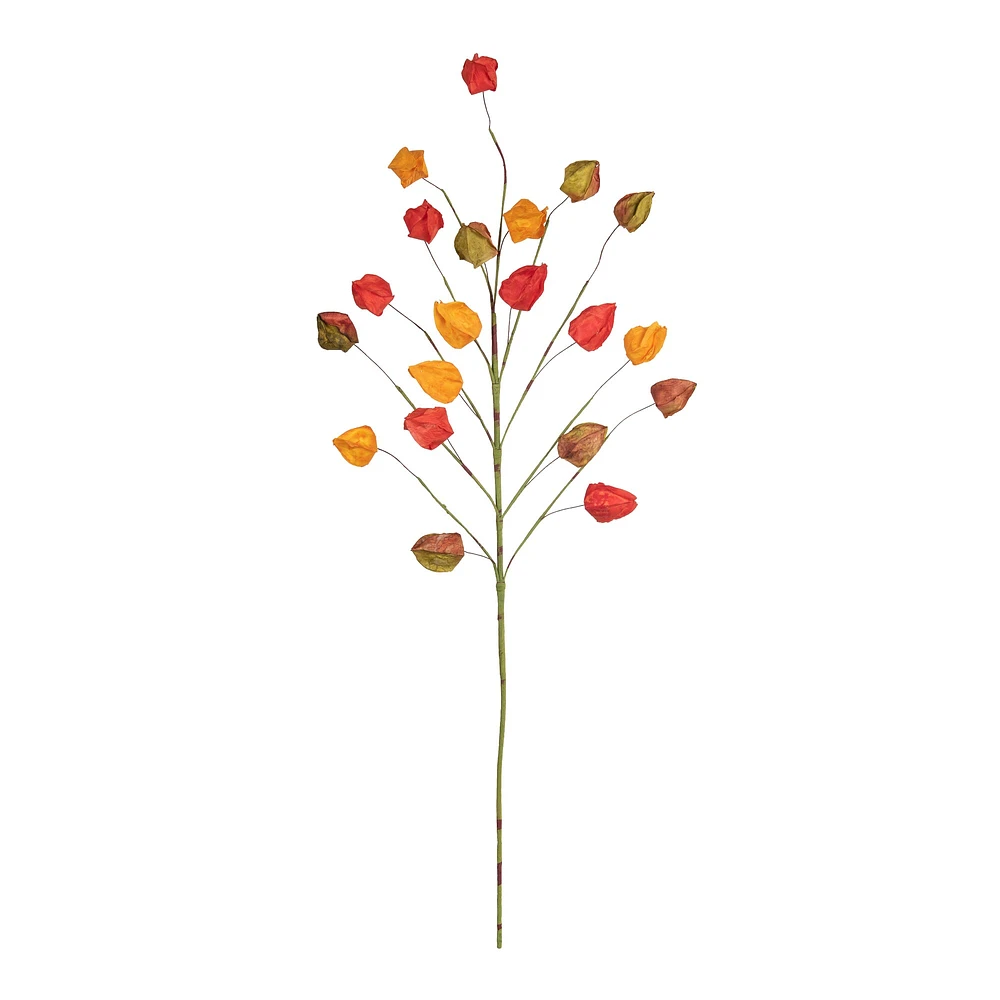 30" Artificial Floral Pick Chinese Lantern Stem Pick Featuring Yellow, Red and Green Leaves