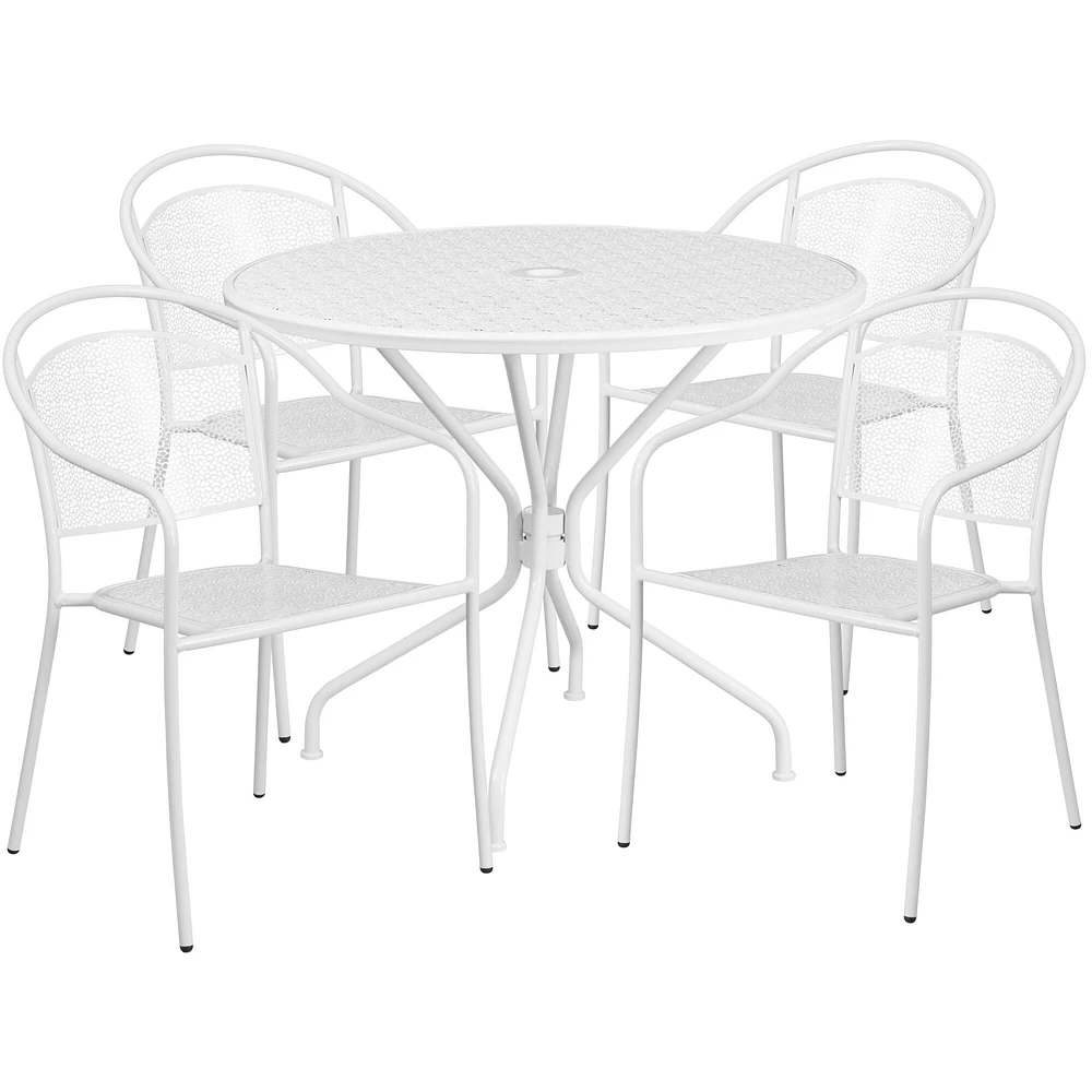 Emma and Oliver Commercial 35.25" Round Metal Garden Patio Table Set w/ 4 Round Back Chairs