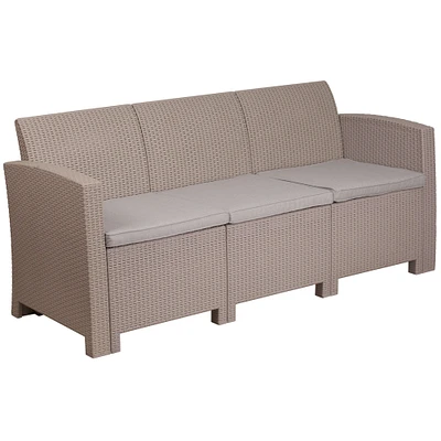 Merrick Lane Malmok Outdoor Furniture Resin Sofa Faux Rattan Wicker Pattern Patio 3-Seat Sofa With All-Weather Cushions