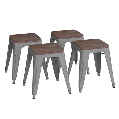 Emma and Oliver Set of Four Table Height Backless Stacking Welded Iron Stools with Wooden Seats and Under Seat Bracing for Indoor Use