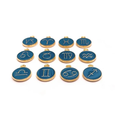 12 or 60 Pieces: Aqua Blue Enamel and Gold Zodiac/Astrology Charms, Double Sided