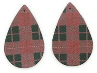 2 50mm Brown Red and Green Christmas Plaid Teardrop Leather Pendants