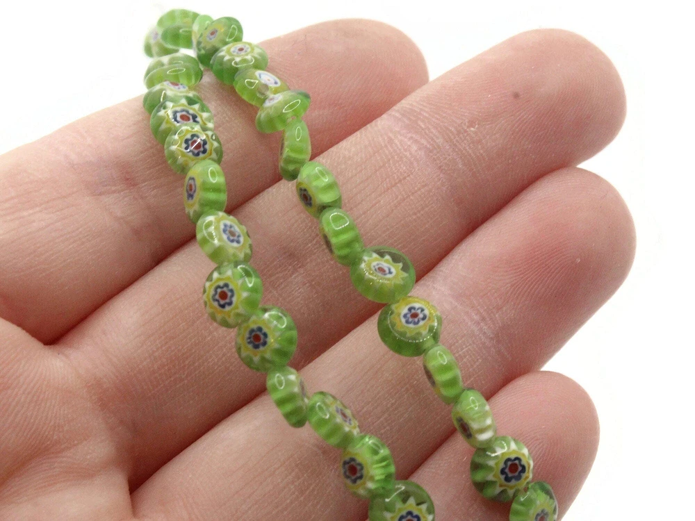 50 6mm Green Flowered Millefiori Small Smooth Flat Disc Glass Beads