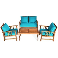 4 Pieces Wooden Patio Furniture Set Table Sofa Chair Cushioned Garden