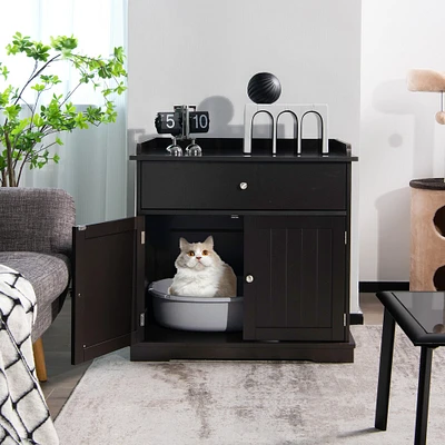 Wooden Cat Litter Box Enclosure with Drawer Side Table Furniture