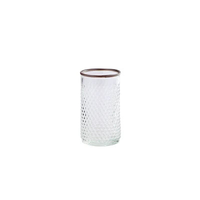 CC Christmas Decor 8.5" White Dot Pattern Textured Cylindrical Glass Vase with Brown Rim Leather