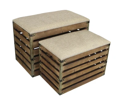 Contemporary Home Living Set of 2 Brown and Beige Rectangular Slat Storage Benches with Cushioned Lid 23.75"