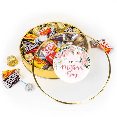 Mother's Day Chocolate Gift Tin - Plastic Tin with Candy Hershey's Kisses, Hershey's Miniatures & Reese's Peanut Butter Cups - Flowers - By Just Candy