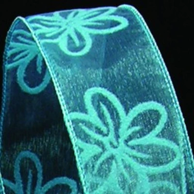 The Ribbon People Sheer Blue Flocked Flowers Wired Craft Ribbon 1.5" x 40 Yards