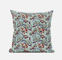 18" Red Aqua Roses Zippered Suede Throw Pillow