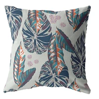 18 Blue Gray Tropical Leaf Suede Throw Pillow