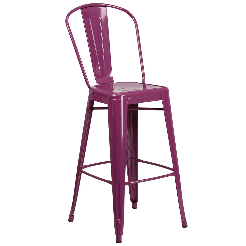 Merrick Lane Sabine Metal Indoor-Outdoor Barstool with Vertical Slat Back and Integrated Footrest