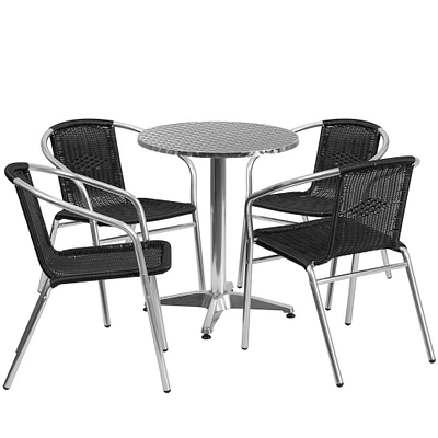 Emma and Oliver 23.5" Round Aluminum Garden Patio Table Set with 4 Rattan Chairs