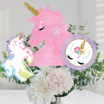 Big Dot of Happiness Rainbow Unicorn - Magical Unicorn Baby Shower or Birthday Party Centerpiece Sticks - Table Toppers - Set of 15