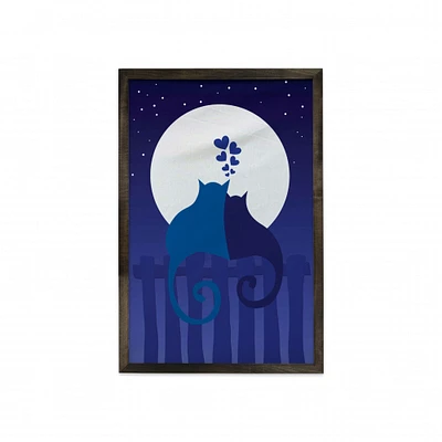 Ambesonne Fence Framed Wall Art, Cats in Love Watching Full Moon at Night Valentines Romantic Cartoon, Fabric Poster with Carbonized Tone Wood Frame Home Decor, 23" x 35", Indigo Cobalt Blue White