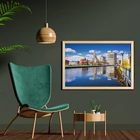 Ambesonne United States Wall Art with Frame, Providence Rhode Island Riverfront Spring Season Water Reflection Buildings, Printed Fabric Poster for Bathroom Living Room Dorms, 35" x 23", Multicolor