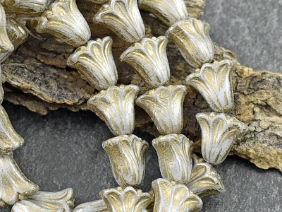 *15* 9x10mm Gold Washed Lt. Grey Silk Lily Flower Beads