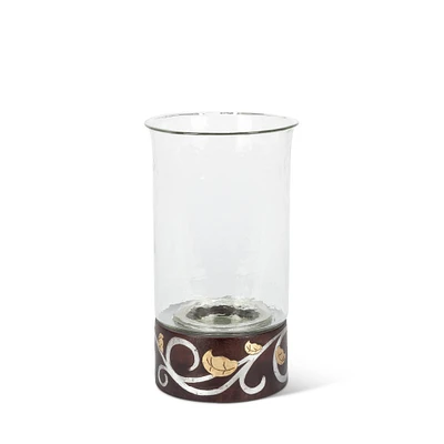 Gerson 13.5" Clear and Black Unique Gold Leaf Mango Wooden Inlay Round Candle Holder