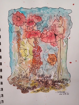 Ink Watercolor Inspired Fantasy Garden 5.5 x 8.5