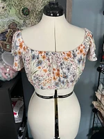 Boho Crop Top Short Sleeve, Off Shoulder Blouse, Floral Shirt