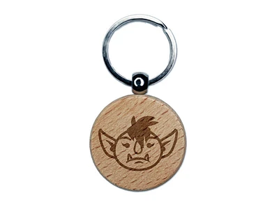 Goblin Female Character Face Engraved Wood Round Keychain Tag Charm