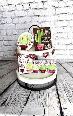 Valentine's Day Cactus Tiered Tray Decor | Valentines Day | Cute Holiday Decor | Tiered Tray Decor | Hand Crafted Decorations