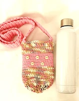 Water Bottle Holder, Pink and Tan with Buttons