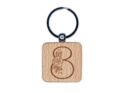 Rose Typewriter Font Number 8 Eight Engraved Wood Square Keychain Tag Charm