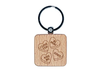 Valentine's Day Conversation Hearts Engraved Wood Square Keychain Tag Charm