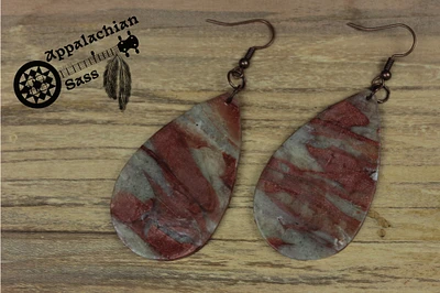 Clay Earrings: burnt red, concrete and transparent: tear drop shaped