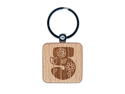 Sweet and Cute Flowers Rounded Block Number 5 Five Engraved Wood Square Keychain Tag Charm