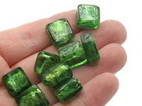 10 12mm Green with Multi-Color Center Square Lampwork Glass Beads