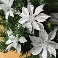 24-Pack: Silver Glitter Poinsettia Picks, 5" Long, Festive Holiday Accents, Christmas Picks, for Trees, Wreaths, & Garlands, Home & Office Decor