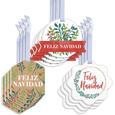 Big Dot of Happiness Feliz Navidad - Assorted Hanging Holiday and Spanish Christmas Party Favor Tags - Gift Tag Toppers - 12 Ct
