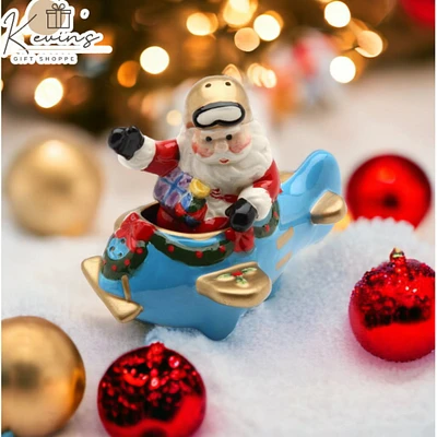 kevinsgiftshoppe Ceramic Christmas Santa Flying Blue Airplane Salt and Pepper Shakers, Gift for Pilot, Gift for Her, Gift for Mom,