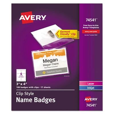 Avery Clip-Style Name Badge Holder with Laser/Inkjet Insert Top Load 4 x 3 White 100/Box