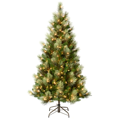 National Tree Company First Traditions Pre-Lit Charleston Pine Snowy Christmas Tree with Hinged Branches, Clear Incandescent Lights, Plug In, 9 ft