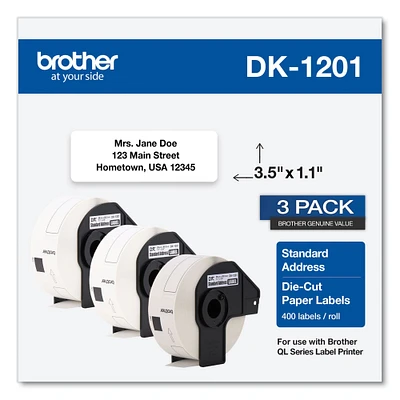 Brother Die-Cut Address Labels 1.1 x 3.5 White 400/Roll 3 Rolls/Pack