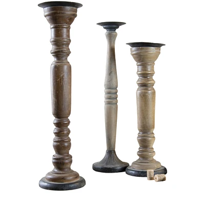 Creative Design Set of 3 Brown Antique Style Wooden Pillar Candle Holders 21"